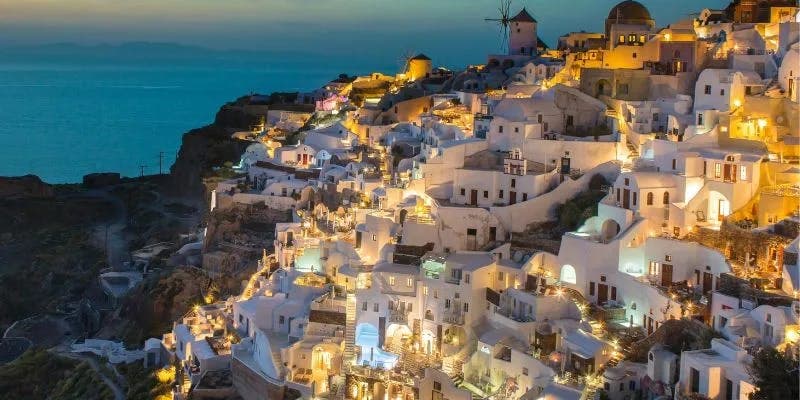 Beautiful Santorini in Greece with its volcanic landscape, rugged cliffs, wild nature, and beautiful shores.