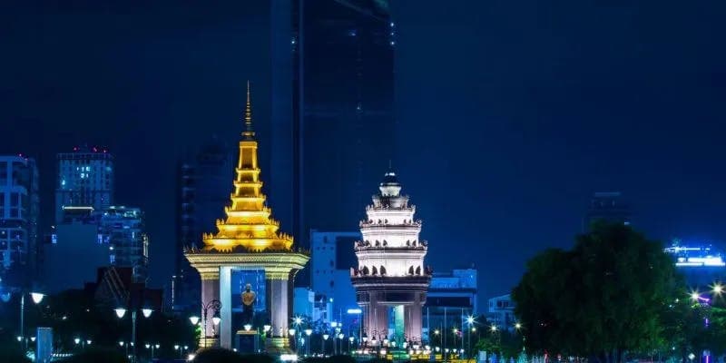 Phnom Penh, Cambodia's capital city glowing at night