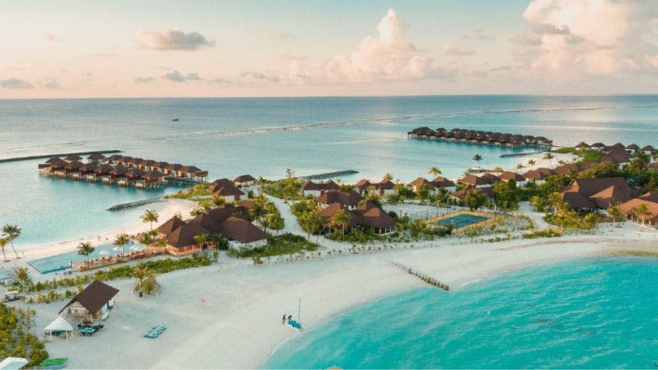 Aerial view of Maldives beach resort.